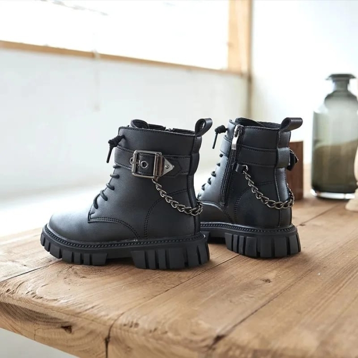 New Kids Shoes Soft sole Casual chain boots [Black]