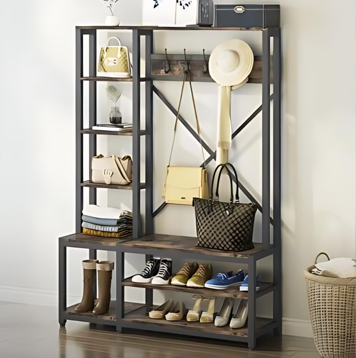Multi-Functional Hallway Shoe Rack with Coat Hooks & Storage Shelves
