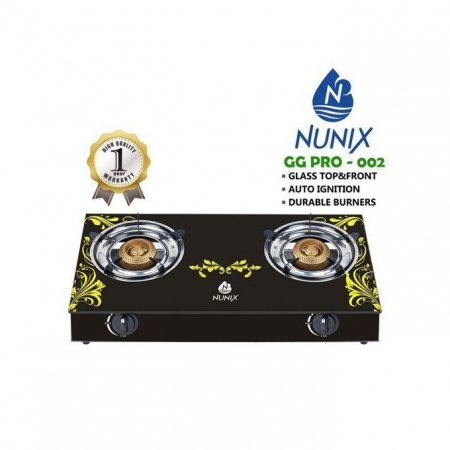 Nunix GG PRO-002 - Tampered Glass-Top Gas Table Cooker With Goldish decoration 