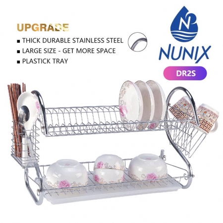 2 Tier Stainless steel dish rack drainer Nunix DR2Swith plastic draining tray