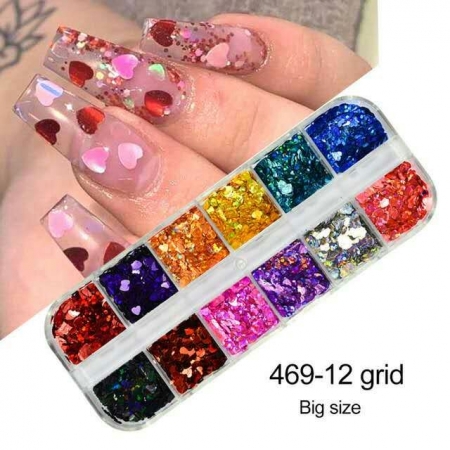12 Grids Glitter Sequins for Nail Heart-shaped Flakes set