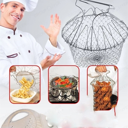Chef Basket 12 in 1 Foldable Basket/Stainless Steel Steam Rinse Strain Fry Strainer Net/Magic Kitchen Cooking Tool Food