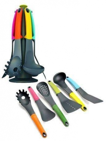 Changlian 6 Pieces Nylon Silicone Kitchen Cooking Utensils Set with Holders and 360 Degree Rotating Carousel Stands