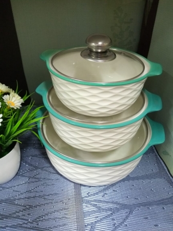 Green rimmed white 3pcs Set Ceramic Serving Bowl With Transparent Glass Cover
