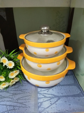 Yellow Dotted white 3pcs Set Ceramic Serving Bowl With Transparent Glass Cover