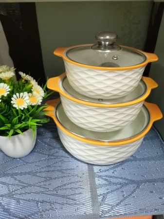 Yellow rimmed white 3pcs Set Ceramic Serving Bowl With Transparent Glass Cover