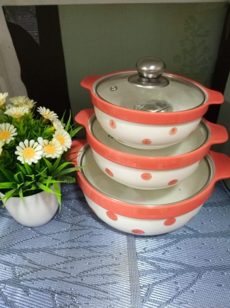 Orange Dotted white 3pcs Set Ceramic Serving Bowl With Transparent Glass Cover