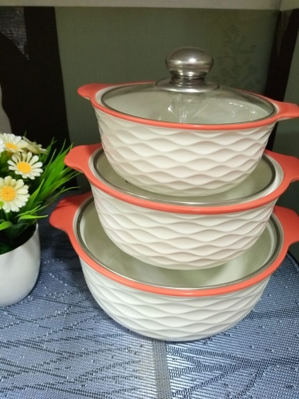 Orange rimmed white 3pcs Set Ceramic Serving Bowl With Transparent Glass Cover