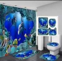 Blue 4pcs toilet set with a high quality shower curtain with hooks