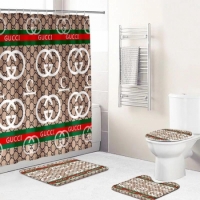 Gucci 4 in 1 Bathroom sets with 1 shower curtain 180x180cm and 3 pcs rugs plus Free 12 plastic hooks  