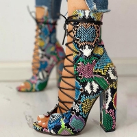 Colorful snake print open toe heeled boots