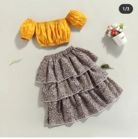 Colorful Girls 2pc set yellow top and  Animal print Skirt