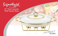 2.7 Ltr White with Gold rails 15inch Oval Casserole With Warmer Rack Signature SG-CX2516 Food Warmer Chafing Dish Chafing Warmer 