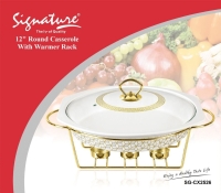 2.7ltr Pure quality white with gold rails 12 inch Round Casserole With Warmer Rack Chafing dish Food warmer Signature SGCX2526