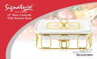 1.3ltr High quality pure white with gold rails 12inch Rectangular Casserole With Warmer Rack Signature SG-CX3270R31