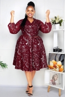 Maroonish chunky hot v-neck long sleeved best ladies dress for Church Office and more sizes 46-54
