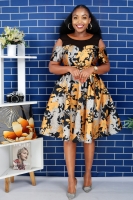 Classy In fashion Yellow flowered knee high floral round neck short sleeve flair bottom high quality ladies party dress women church dress sizes M,l,xl,2xl