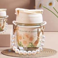 Beaded Water bottle// Glass cups with lids and straws for women girls kawaii cute flower fancy coffee glass mug