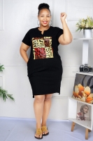 Order Plus size woman figure and letter print short sleeve  tee dress [BLACK]