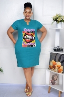 Buy New plus size woman figure and letter print  short sleeve tea dress [BLUE] 