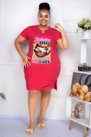 Buy new Plus Size Woman Figure & Letter Print Short Sleeve Tee Dress [PINK]