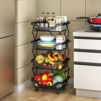 4 Tier Rustproof Kitchen Rack, Fruit and Vegetable Storage Shelf, Multifunction Metal Organizer, Standing Wire Basket Stretch Stand with Lockable Wheels, Stackable Cart for Home Office Hotel (4 TIER)