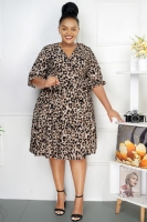 Brownish chunky hot V-neck long sleeved best ladies dress for Church Office and more sizes 46-54
