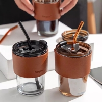 Clear Double Wall Glass Coffee Tumbler, To Go Glass Travel Mug with Lid, Portable Glass Thermos with Straw, Reusable Cup for Coffee, Tea, Smoothies, Ice Coffee