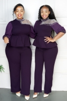 Elegant Ruffles Lace Cut Out Shoulder Elbow-Long Sleeve Blazer And Pant Set,  Purple