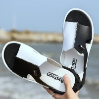 Black-White Elegant Men leather open shoes/Slip-Ons men summer sandal with great look  size 38 - 46 normal fitting High durable