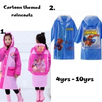 NEW Ikids disney cartoon themed raincoats, with hat poncho and expandable bag pack space at the back and with storage bag Sizes L, XL, XXL available 4yrs - 10yrs Spiderman and princess