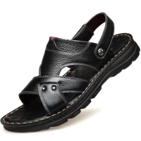 Classy Black Men New Cow Leather Summer Sandals High Quality Genuine Leather Mens Slip-on Beach flat Slippers Soft Male sandalias hombre /  Open shoes