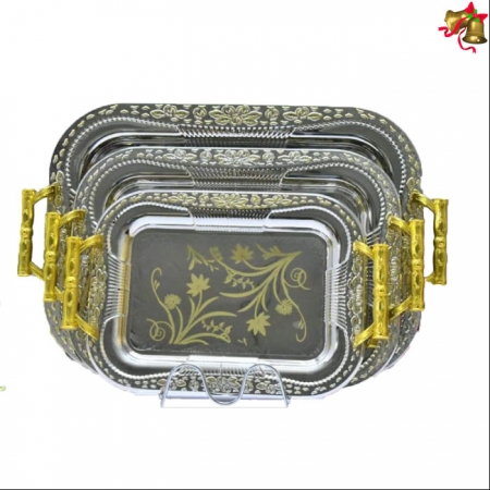 Silver trays with gold handle 3 pieces set
