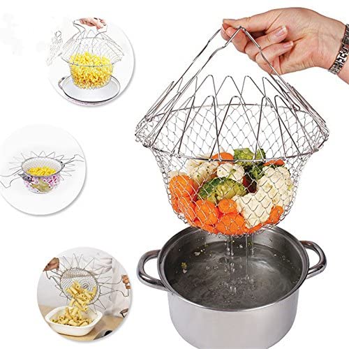 Delidge Foldable 12 in 1 Foldable Basket/Stainless Steel Steam Rinse Strain Fry Strainer Net/Magic Kitchen Cooking Tool Food/Fruits Flexible Utensil Blossom Cook Net Gadgets/chef basket